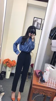 

Korean Style 2 Piece Set Women V-neck Solid Chiffon Shirts High Waist Trousers Slim Two Piece Women Office And Fashion