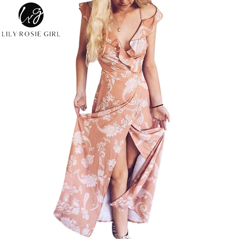

Conmoto Girl Off Shoulder Sexy Boho Floral Print Dress Women Ruffles Summer Beach Deep V Neck Maxi Long Split Dresses Vestido