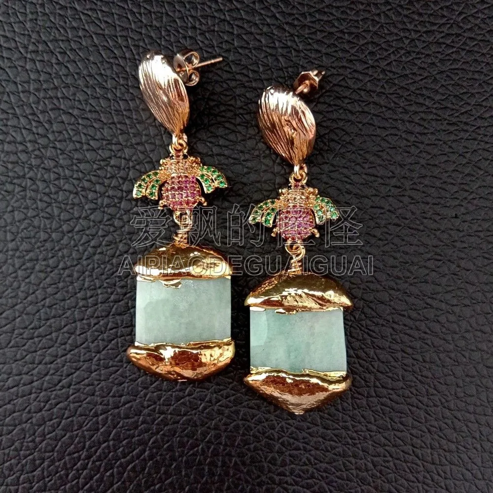 

E092601 Natural Amazonite 24K Golden Plated Cz Pave Beetle Earrings