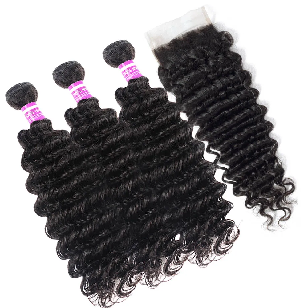 

Natural 3/4 Deep Wave Bundles With Closure Remy 100% Human Hair Extension Brazilian Hair Weave Bundles And Lace Closure