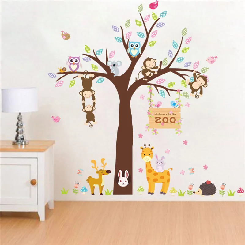 Лесной Зоопарк Животные кролик Жираф Обезьяна Дерево настенные наклейки для детской комнаты спальня детская комната декор настенные наклейки Фреска плакат