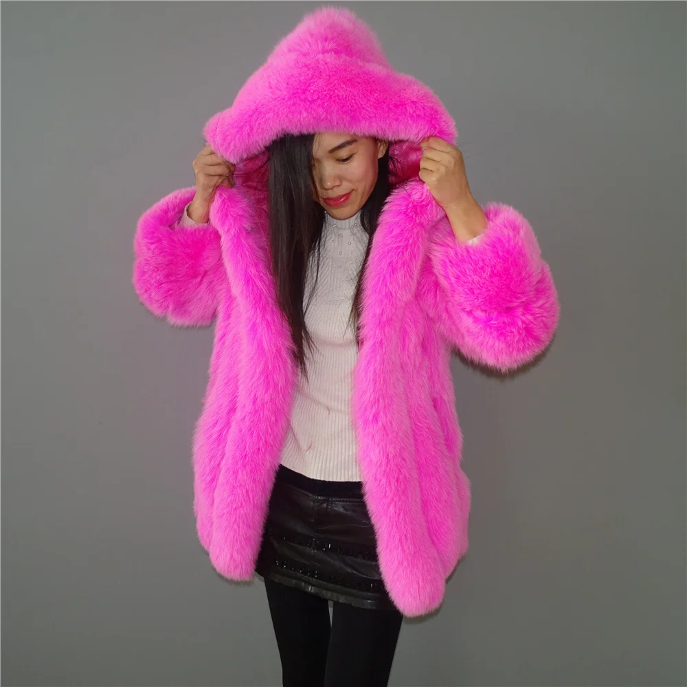 

real fox hair Women's fur coat Natural fur Warmth Hooded