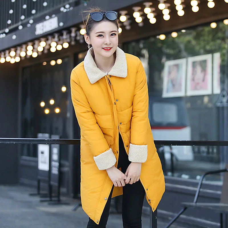 Новое зимнее пальто для женщин, корейское длинное пальто в Европе, толстая хлопковая стеганая куртка из хлопка для студентов - Цвет: Цвет: желтый