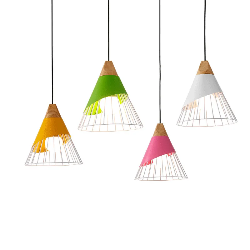 

Modern simple Creative design art pendant lights foyer macarons colorful droplight iron wood material combo LED Pendant lamps
