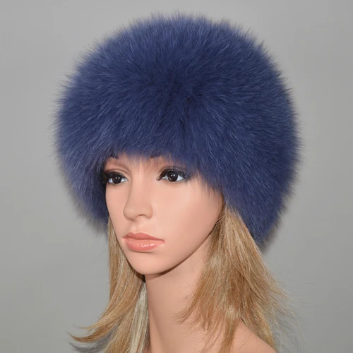 dark blue Новая женская зимняя шапка из натурального Лисьего меха, эластичная теплая мягкая пушистая шапка из меха лисы, роскошная качественная шапка-бомбер из натурального Лисьего меха - Цвет: dark blue
