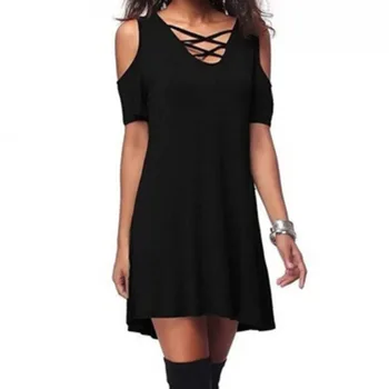 

Women Cross Cold Shoulder Mini Shirt Dress Loose Tunic Swing Long Sleeves Party Basic Dress Nightclub