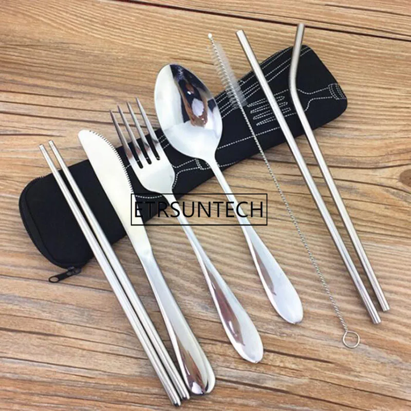 

100sets Portable Flatware Set Reusable Stainless Steel Fork, Knife, Spoon, Chopsticks, Juice Straw and Cleaning Brush