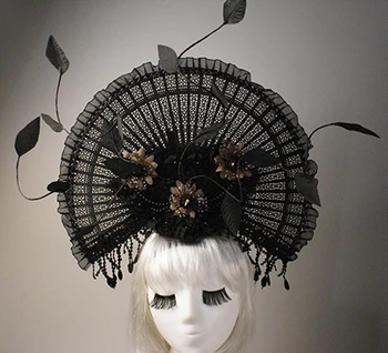 

Chinese wind exaggerated black hair oversized fan model T runway show stage photography contest cosmetics headdress