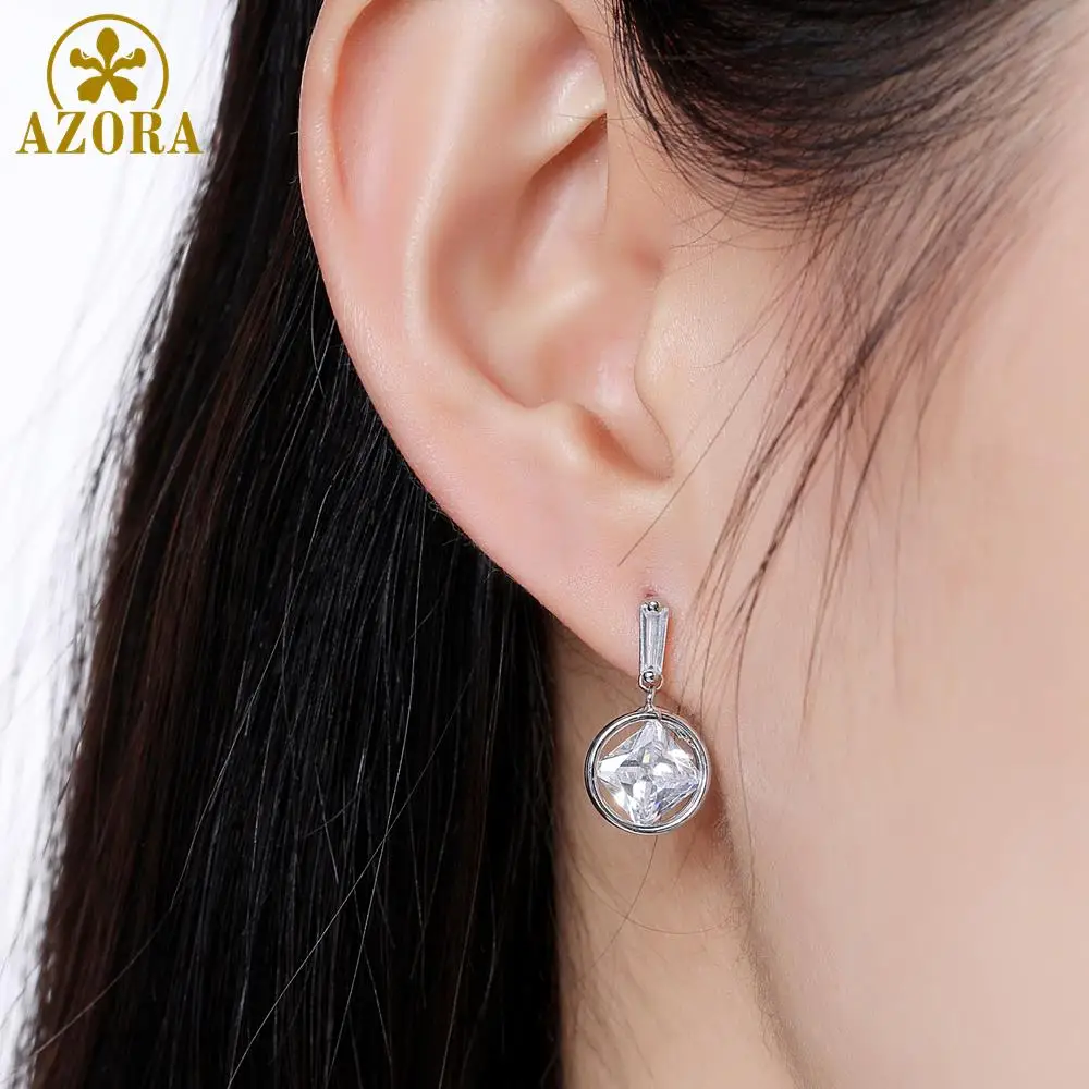 AZORA Silver Color Drop Earrings for Women Round Dangle Square Clear Zirconia Earrings Female Jewelry Limited Edition TE0339