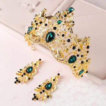 

New Vintage Gold Baroque Queen Tiara Crowns and Earrings Women Wedding Party Hair Ornaments Bride Green Red Crystal Tiaras ML616