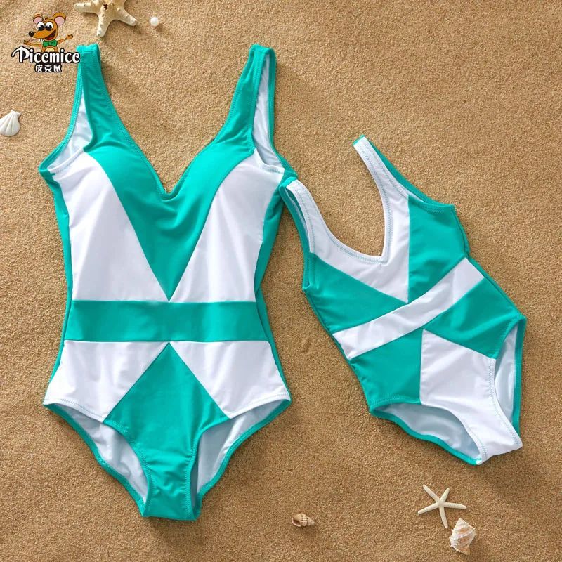 

Mommy And Me Swimsuit Summer Beach One Piece Swimsuits Mother Daughter Geometric Patchwork Matching Swimwear Women Beachwear