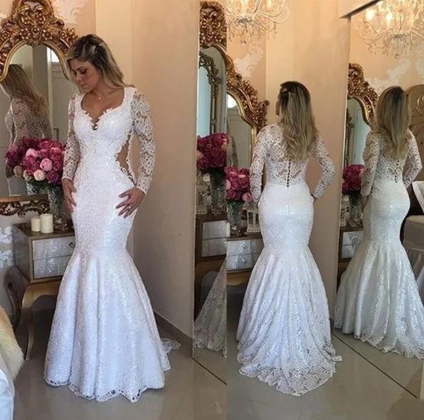 

Mermaid Wedding Dresses 2019 Long Sleeves Lace Bridal Gown V-Neck Buttons Sheer See Through Waist mariee Vestido de Novia Arabic