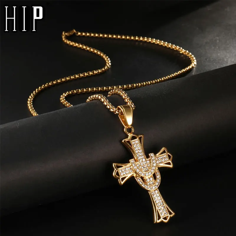 

HIP Hop Bling Ice Out Golden Cross Necklaces & Pendants 316L Stainless Steel Necklace for Men Jewelry 241inch 60cm Length