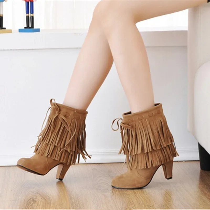 

2016 Winter new fashion Women shoes high-heeled shoes fringed boots Women winter boots Large size 34-47