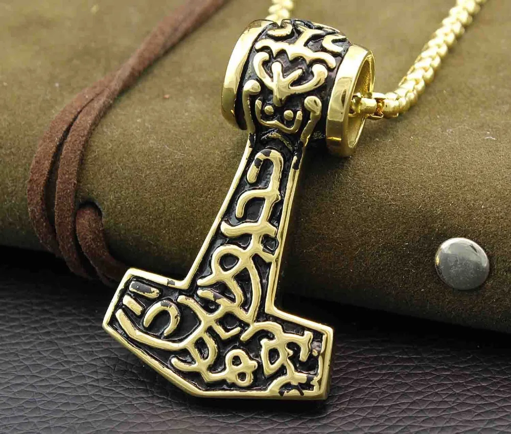 Men's Gold Stainless Steel Thor's Hammer Mjolnir Pendant Necklace Chain