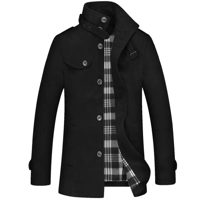 Men Pea Coat Winter Jacket Coats Stand Collar Single Breasted Long