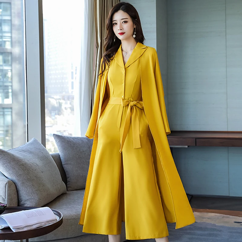 

2 Pieces Elegant Ladies Sets 2019 Spring Fashion Women Sashes Jumpsuits and Long Cardigan Coat Sets Fashion Women Suits WS150