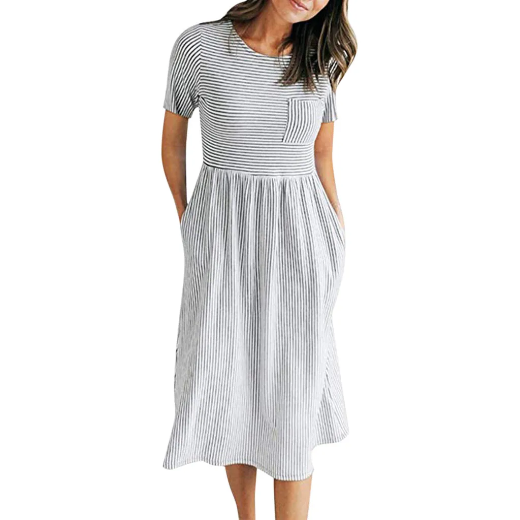 

Women Short Sleeve Waist Summer Stripe Maxi Dress Evening Party SunDresses Dresses Summer 2019 Womens Pocket Loose Dress Ladi