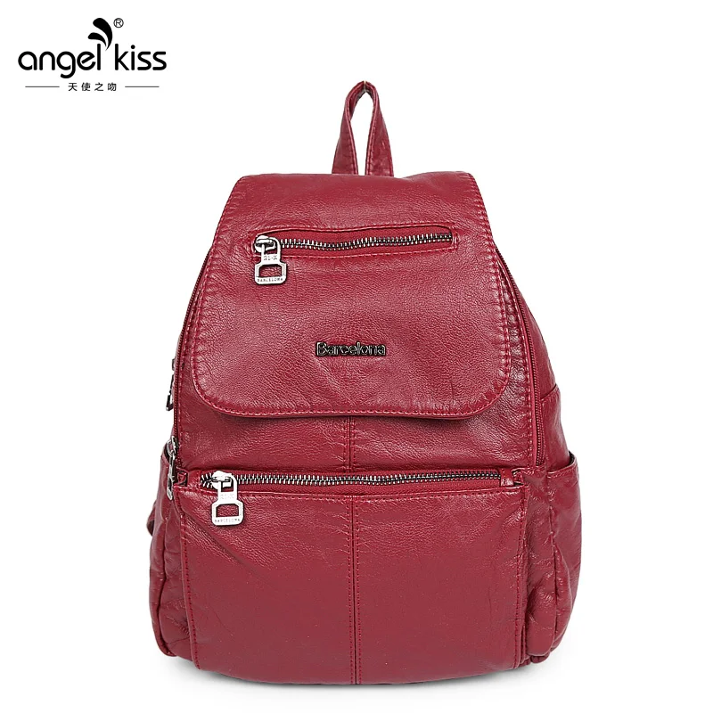 

Angelkiss Soft Washing PU Leather Backpack for Women Solid Vintage Red Bags