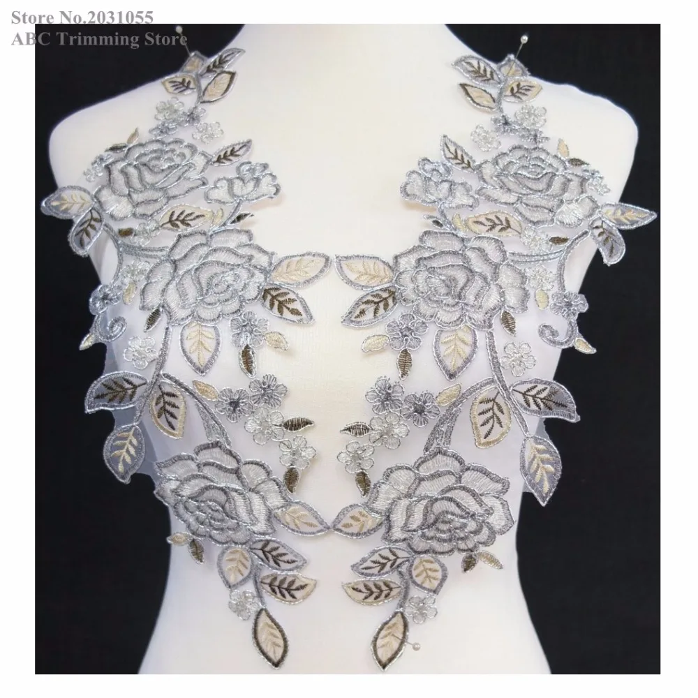 

New Grey/Silver Flower Embroidery Patches Neckline Organza Lace Applique Collar Dance Dress Costume Wedding DECOR 1pair TBNC114J