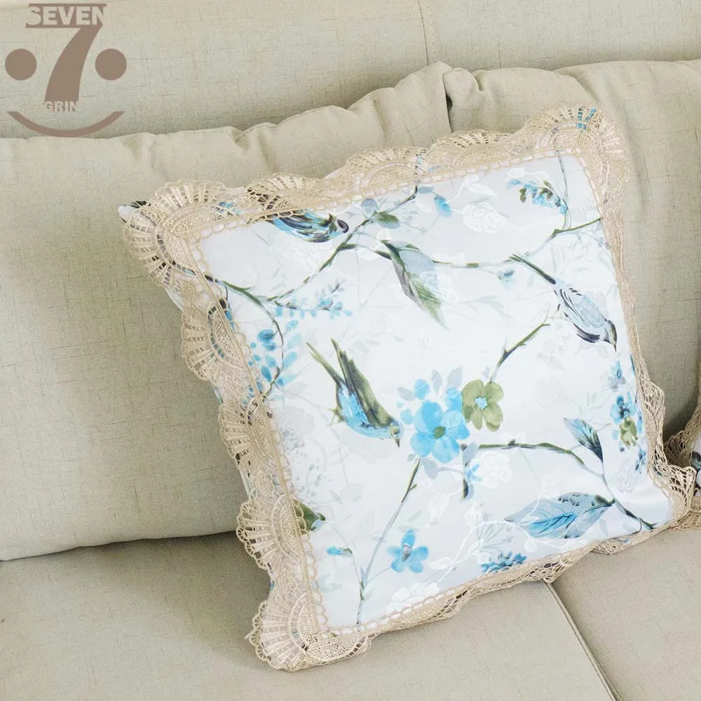 

High Quality Jacquard Cloth Birds Pattern 45x45cm Square Home Decorative Pillow Cover With Elegant Lace Border