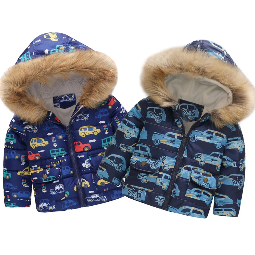 

MUQGEW Toddler Baby Girl Boy Cartoon Car Print Winter Warm Jacket Hooded Windproof Coat