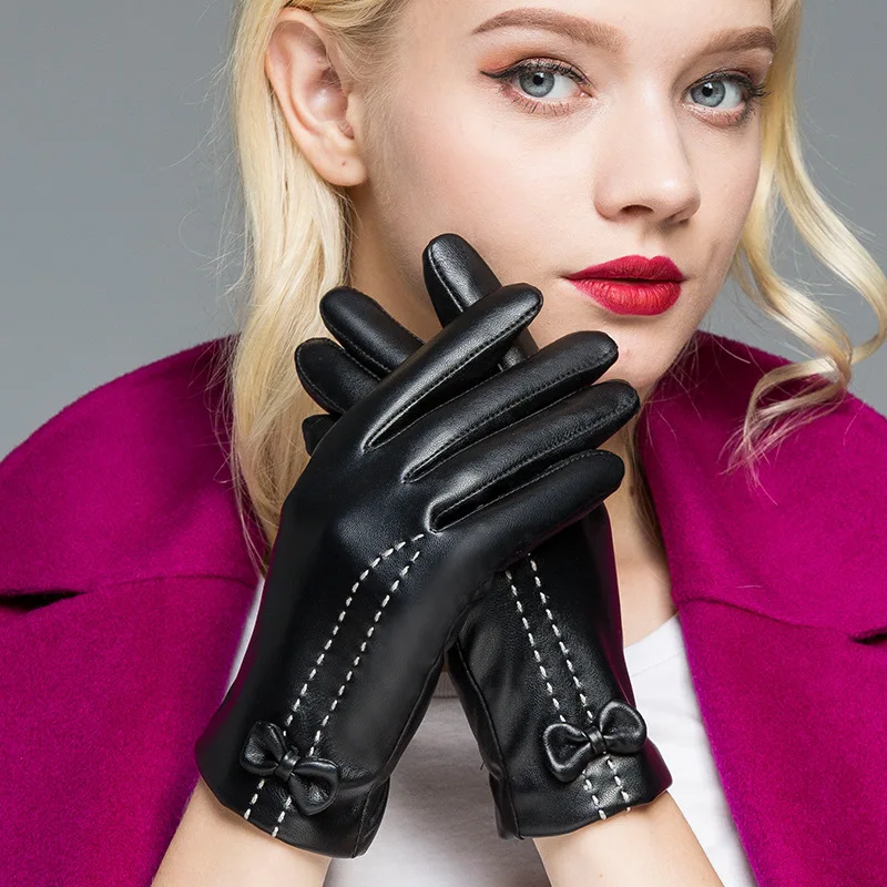 

PU Leather Gloves Women Autumn Winter Plus Velvet Thicken Warm Mittens Female Cycling Touch Screen Fashion Lady Hand Muff H3236