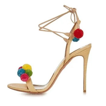 

Woman Pom-pom Sandals High Heels 10CM Colorful Ball Shoes Open Toe Ankle Strap Sandalias Lace-up Thin Heels Strappy Sandals