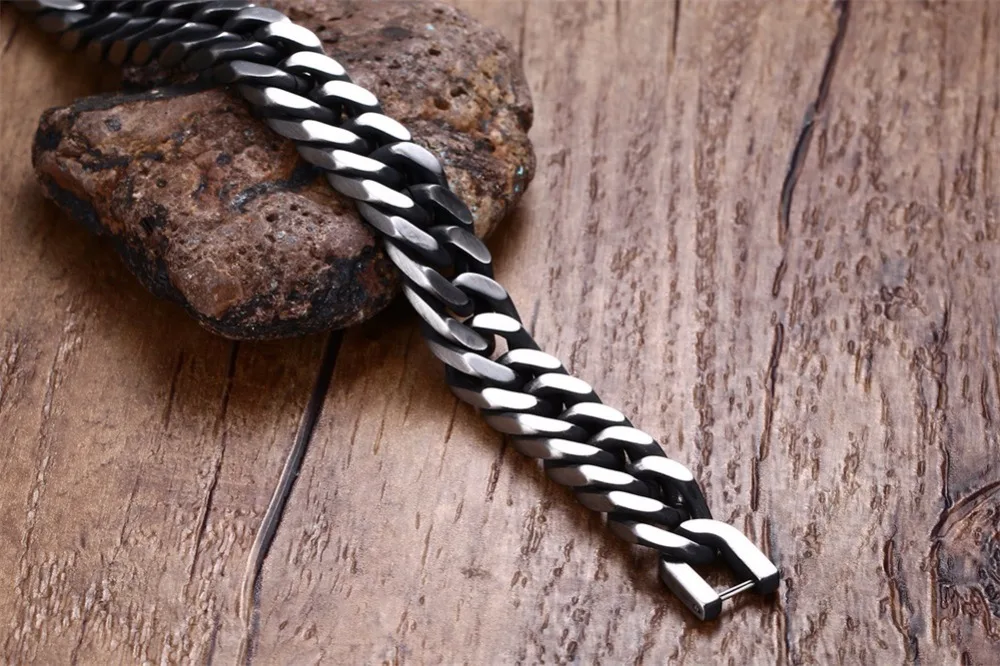 Mens Miami Cuban Thick Link Chain Bracelet for Men 10.5mm Stainless Steel Silver Tone Black Hip Hop Curb Hombre Bileklik Jewelry 17