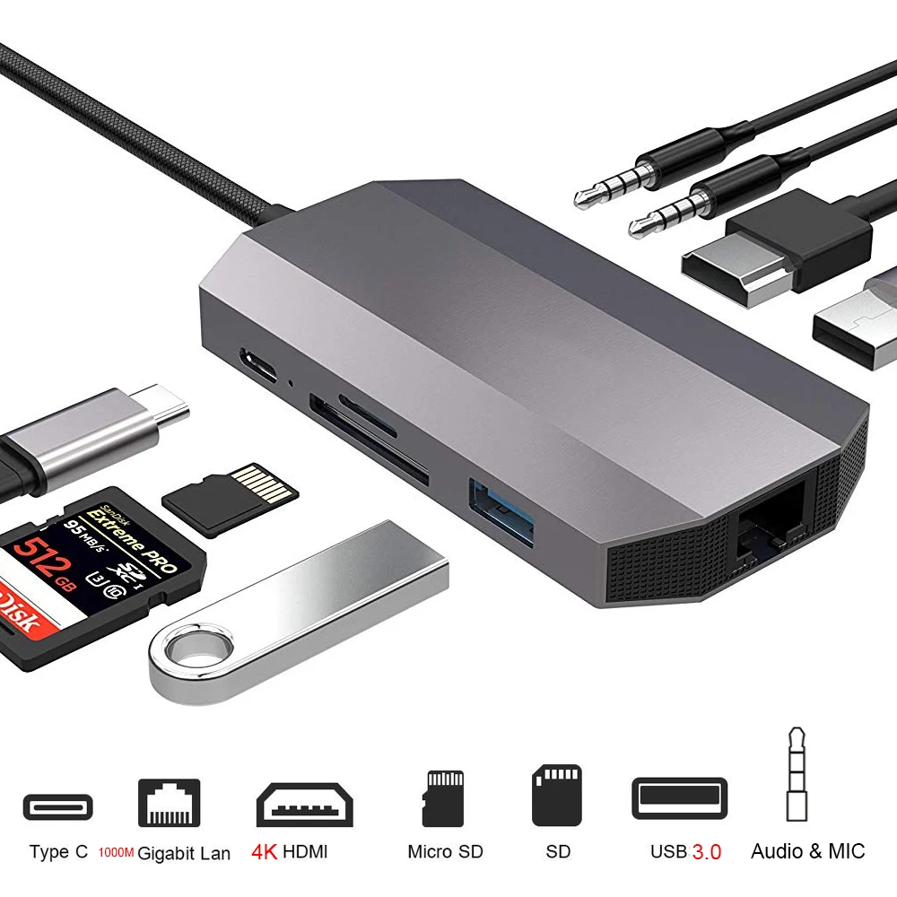 USB C HUB Type Audio Dex Station Thunderbolt 3 с HDMI 4K RJ45 1000 Мбит/с 0 для Samsung Note 8 S8 S9 Macbook Pro Huawei|USB-хабы| |