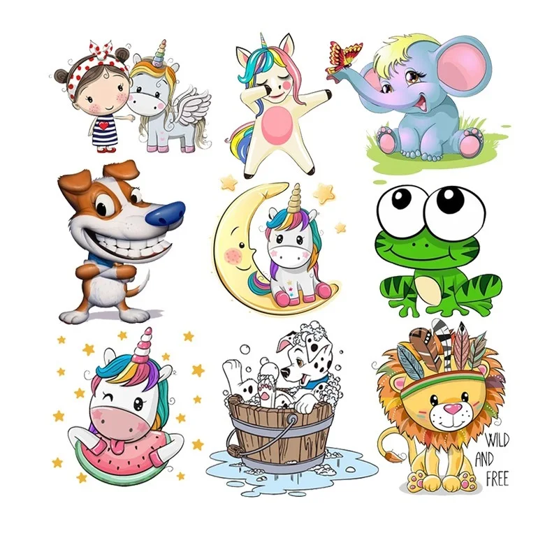 

Cute Animals Iron on Heat Transfer Patches for Kids Clothing DIY Stripes Butterfly Applique childen T-shirt Custom Stickers