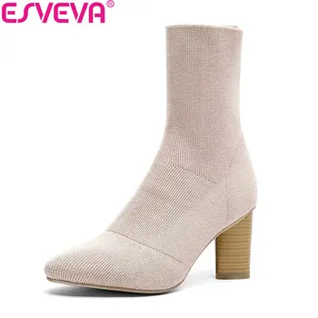 

ESVEVA 2019 Women Boots Knitting Square High Heels Mid-calf Boots Spring Autumn Shoes Pointed Toe Slip on Boots Woman Size 34-39