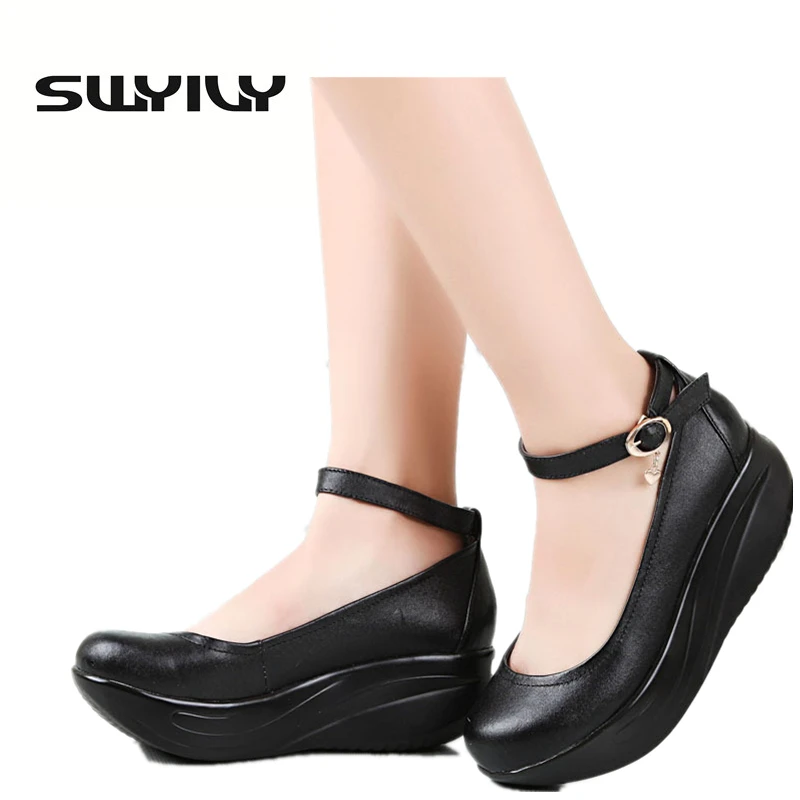 Leather Women Toning Shoes Platform Wedge Thick Soles Women Height Increasing Swing Shoes Single 34-43 Plus Size SWYIVY