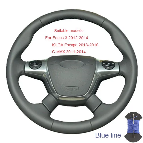 Крышка рулевого колеса для Ford Focus 2 2005-2011(3-спицевый) Focus 3 2012- KUGA Escape 2013-/на заказ оплетка рулевого колеса - Название цвета: Blue thread