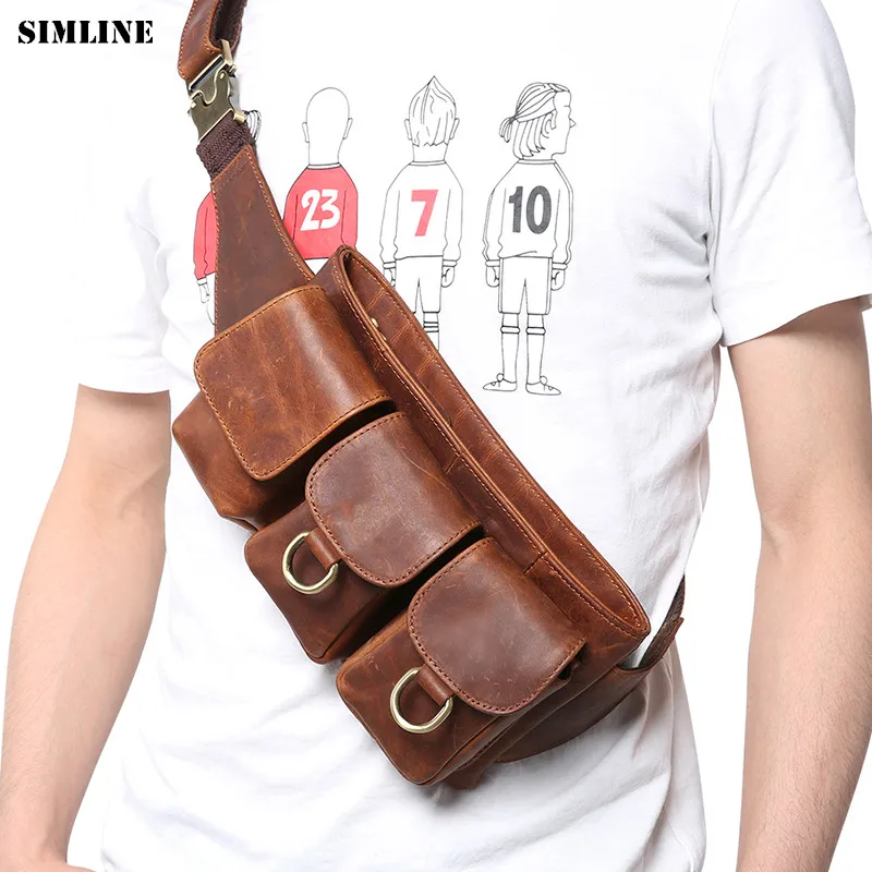 

SIMLINE Vintage Genuine Cow Leather Chest Bag Men Men's Crazy Horse Cowhide Travel Wasit Pack Pakcs Male Shoulder Crossbody Bags
