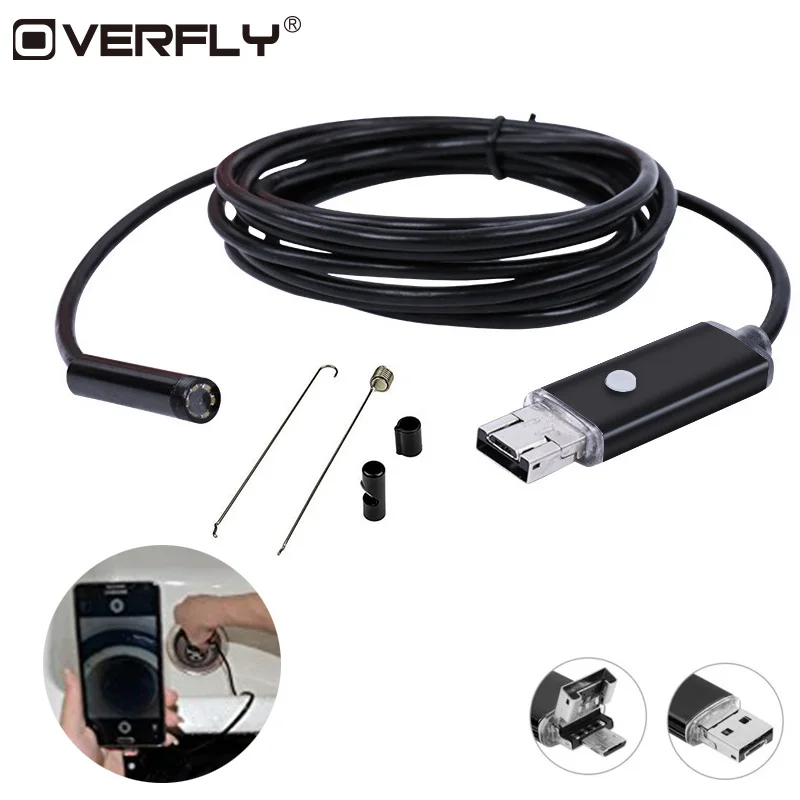 

Overfly Endoscope 7MM Waterproof 6 LED Wire Inspection Borescope 2M 5M 2 in 1 Micro USB Mini Camcorders For Android PC Camera