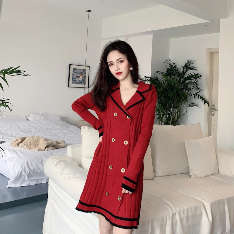

Spring 2019 Knitted Dress Korea Chic Vintage Turn Down Collar Long Sleeve Double Breasted Slim Basic Sweater Mini Dress Vestidos