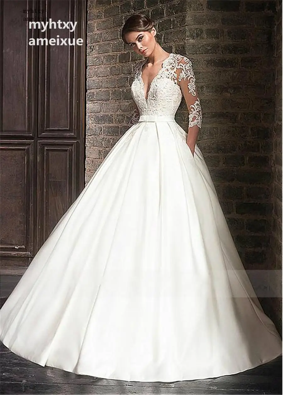 

Marvelous Satin V-neck A-line Sexy Wedding Dresses 2023 Lace Appliques Half Sleeves Bridal Dress Pocket Vestido De Noiva
