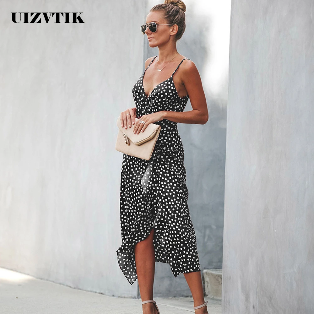 

Summer Dress Women 2019 Sexy Backless V Neck Spaghetti Strap Dresses Casual Vintage Polka Dot Midi Beach Party Dress Vestidos
