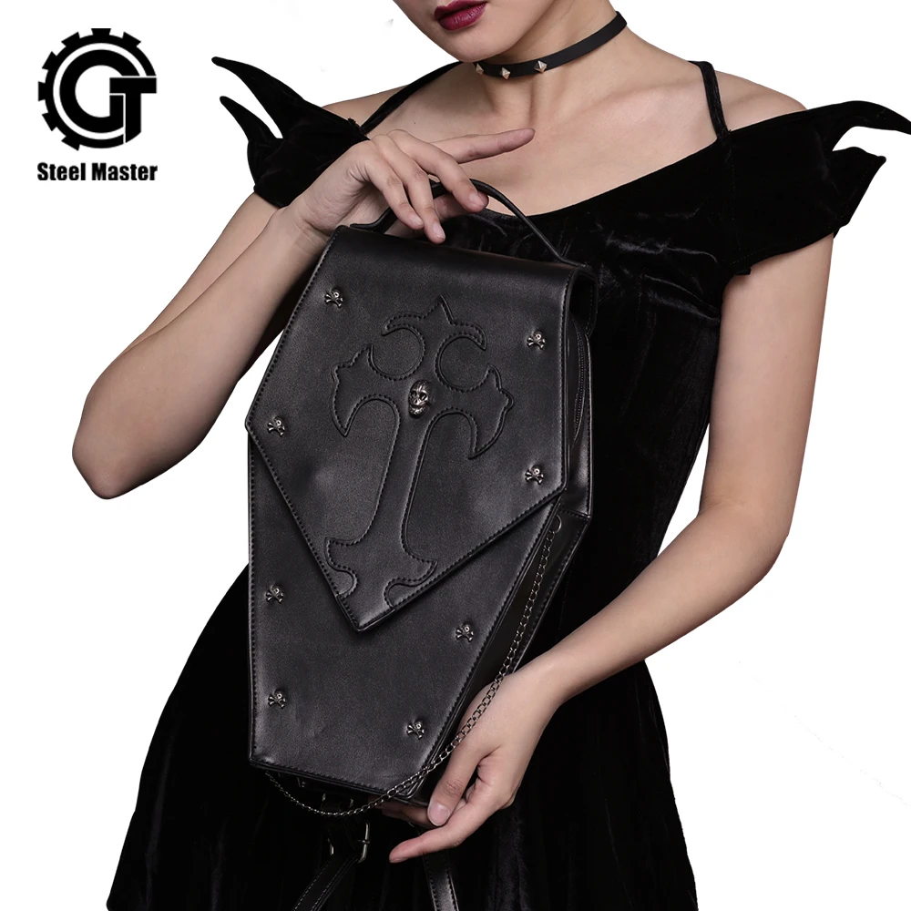 

Steelsir New Arrival Steam Punk Black Skull Backpack Rivet Criss-Cross handbag men and Women Leather backpack Mini Travel Bags