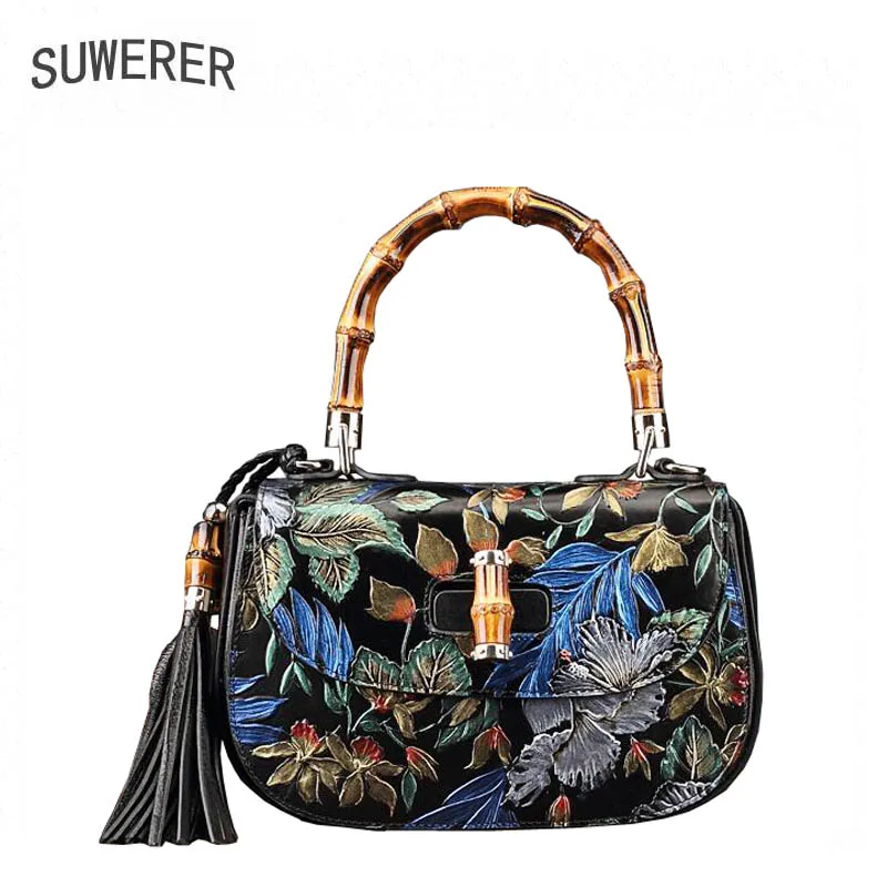 

SUWERER Genuine Leather women bags for women 2020 new fashion Tassel embossed luxury handbags women bags designer women bags