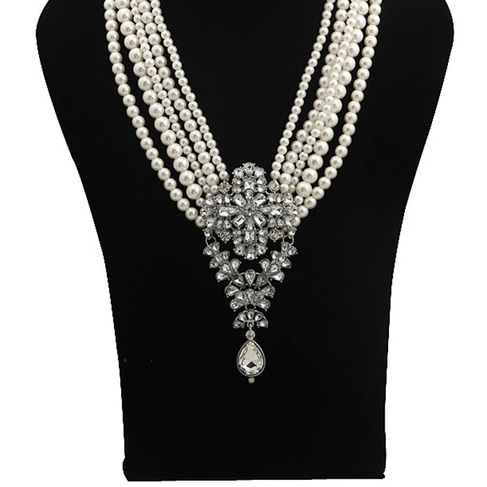 

Vintage Multi-Pearls Crystal Pendant Necklace Fashion Chunky Statement Choker Charm Jewelry for Women Lady Gift Party