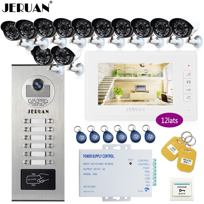 

JERUAN 7 INCH Video Intercom Doorbell system Kit RFID Access Entry Security Kit For 12 Apartment Camera +12 CCTV Analog Cameras
