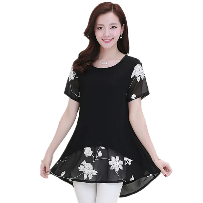 

2018 Summer Tunics Shirts Large Size 4xl Women's Loose Short-sleeved Embroidery Chiffon Blouse Long Tunic Tops For Women