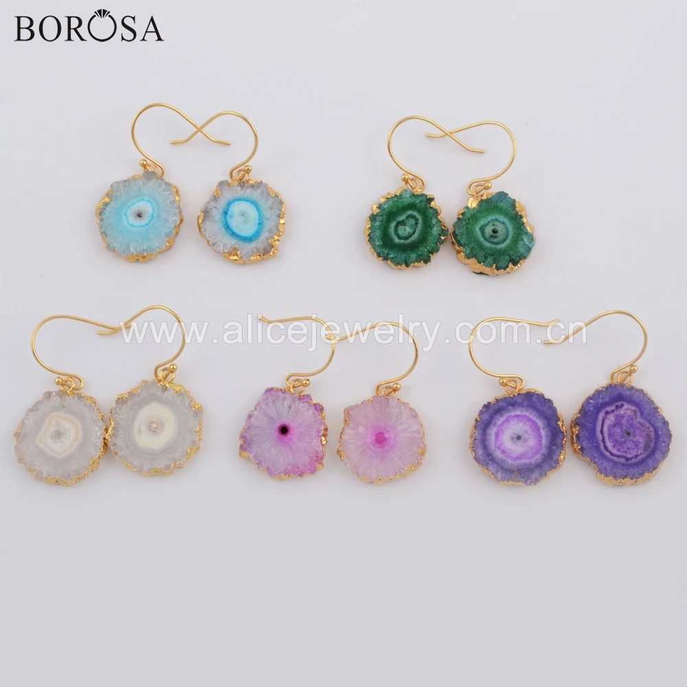 

BOROSA 5Pairs Gold Color Natural Solar Quartz Sun Flower Stone Druzy Titanium Rainbow Drop Earrings for Gilrs As Gift G1739