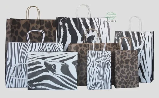 

5 Size Leopard And Zebra Design Kraft Paper Bag Festival Hand Gift Bag 100pcs/lot Free shipping