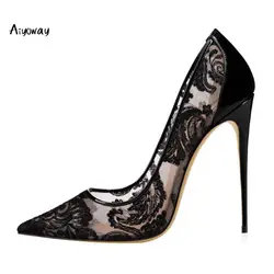 Aiyoway/Женская обувь, черные кружевные туфли-лодочки на высоком каблуке с острым носком из сетчатого материала, туфли-лодочки на шпильках
