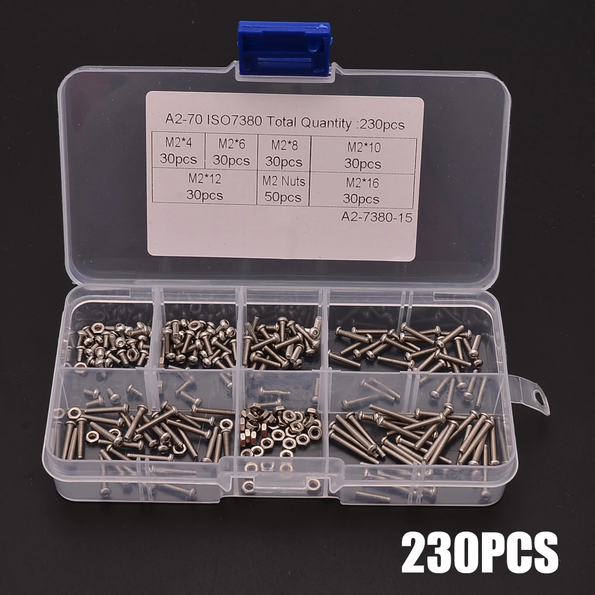 230pcs M2 Stainless Steel Hex Socket Button Head Screw Bolts & Nuts Assortment 