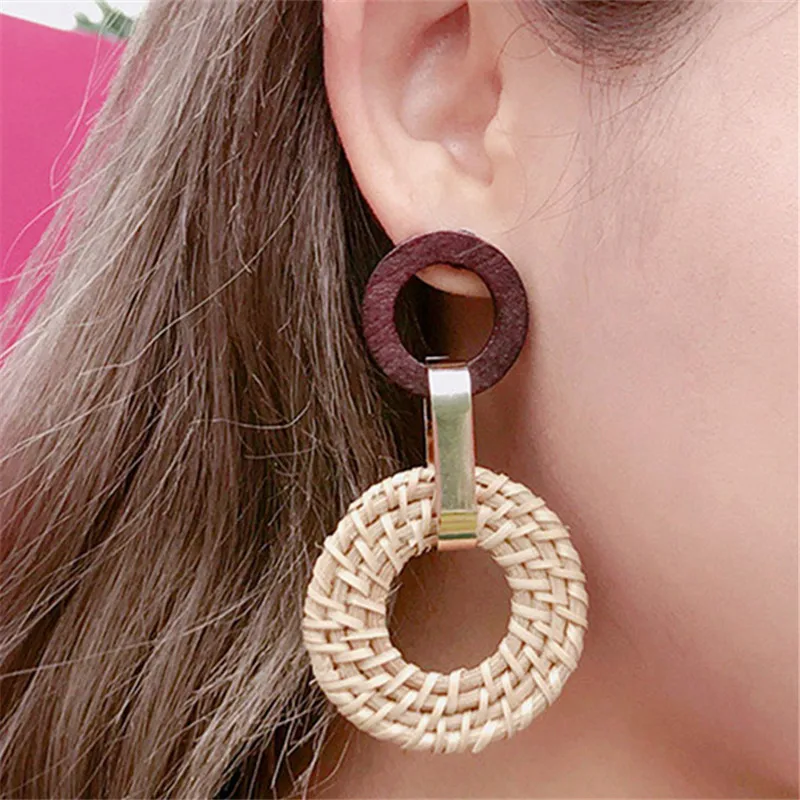 

2018 Korea Handmade Acrylic Square Geometric Big Oval Circle Rattan Straw Weave Long Drop Earrings for Women Girl Beach Holiday