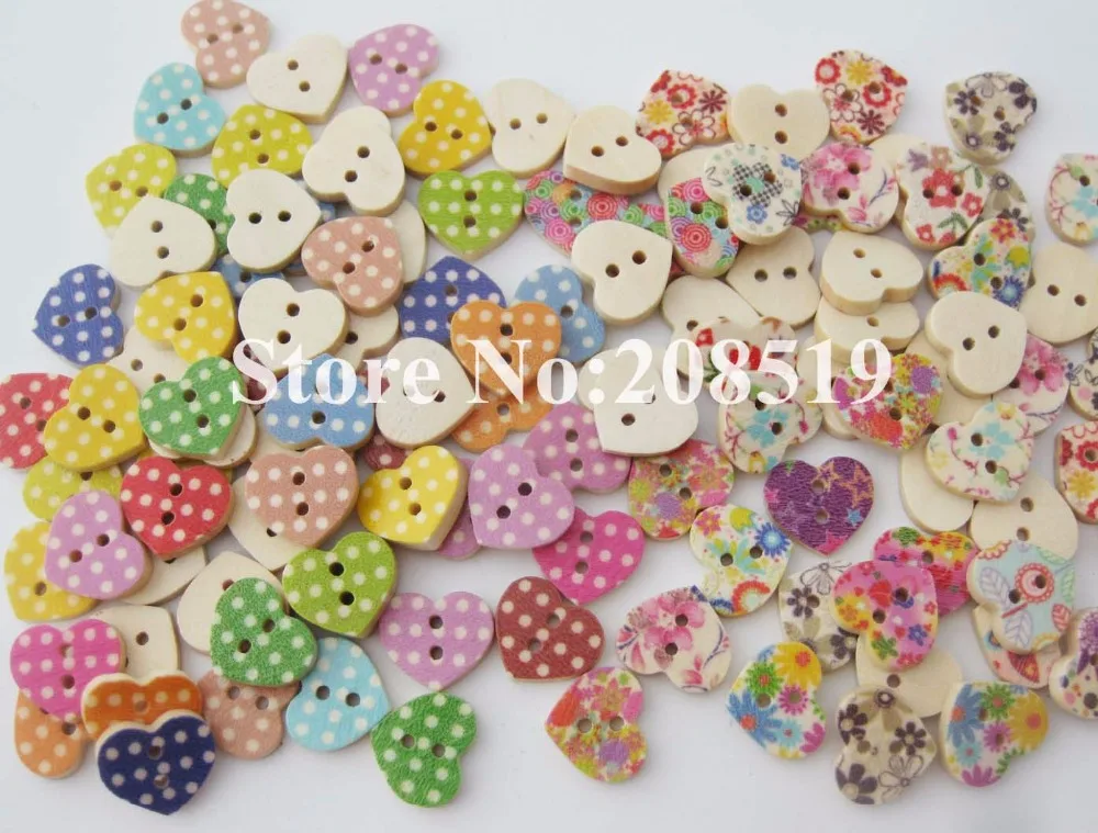 

WBNOSN mini button heart shape 200pcs assorted floral and dots printed wood buttons for craft decoration